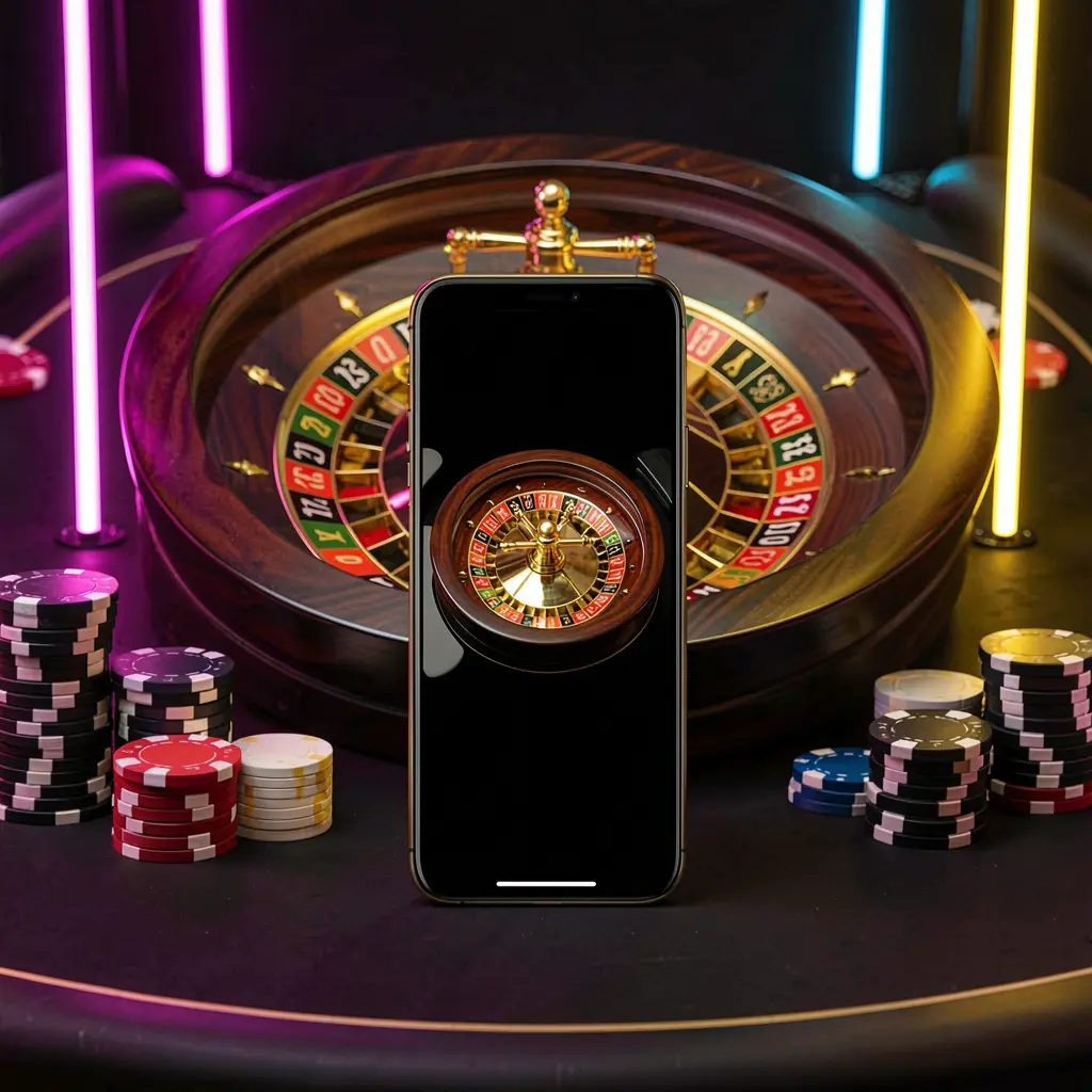 Adegan aplikasi kasino seluler EMAS777 yang menampilkan ponsel di tengah dengan roda rolet dan chip poker di latar belakang, lampu neon bercahaya, serta gaya hitam dan emas premium