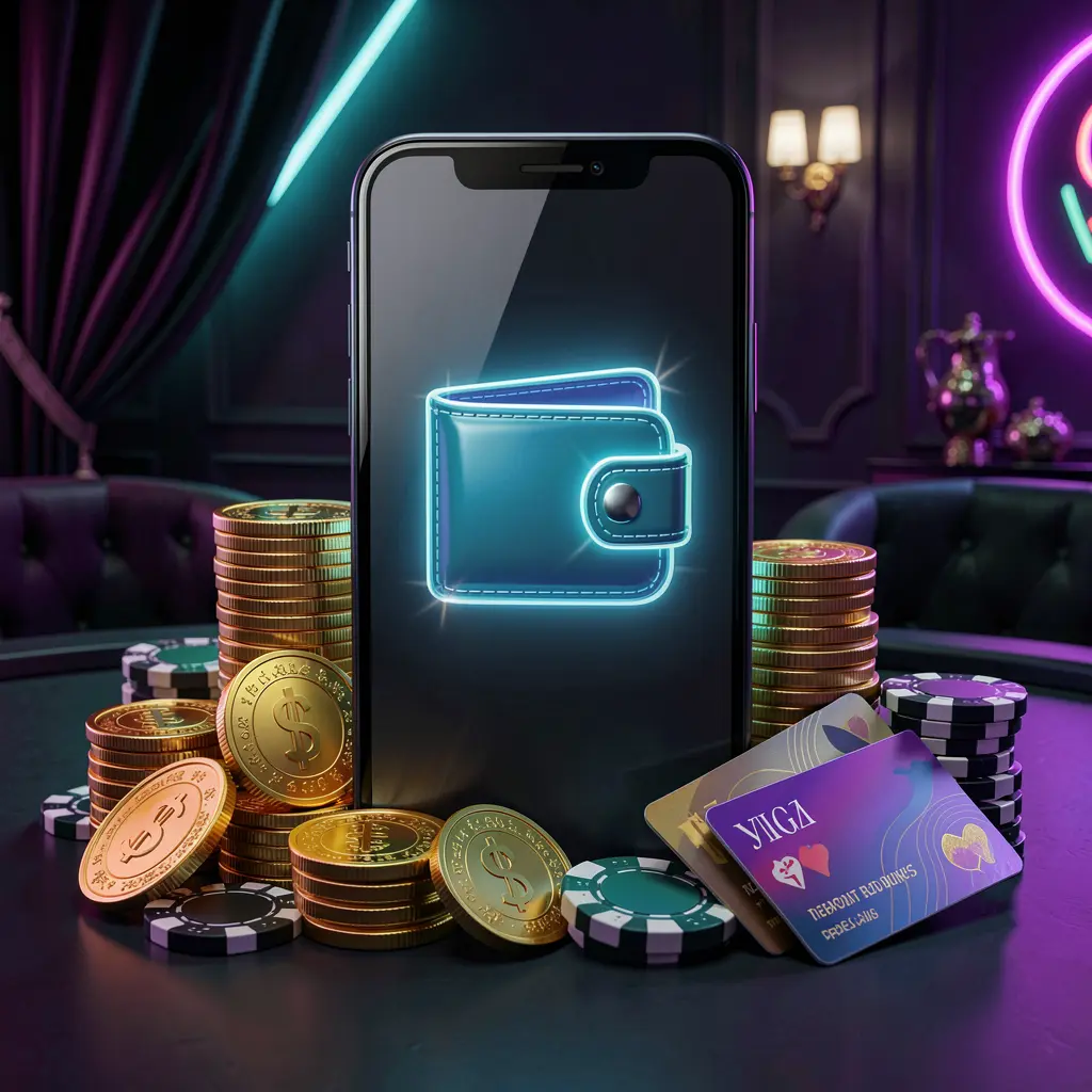 Konsep bonus deposit kasino online EMAS777 dengan ponsel pintar yang menampilkan ikon dompet bercahaya, dikelilingi tumpukan koin emas, chip poker, dan kartu bank pada latar belakang mewah gelap dengan sorotan neon