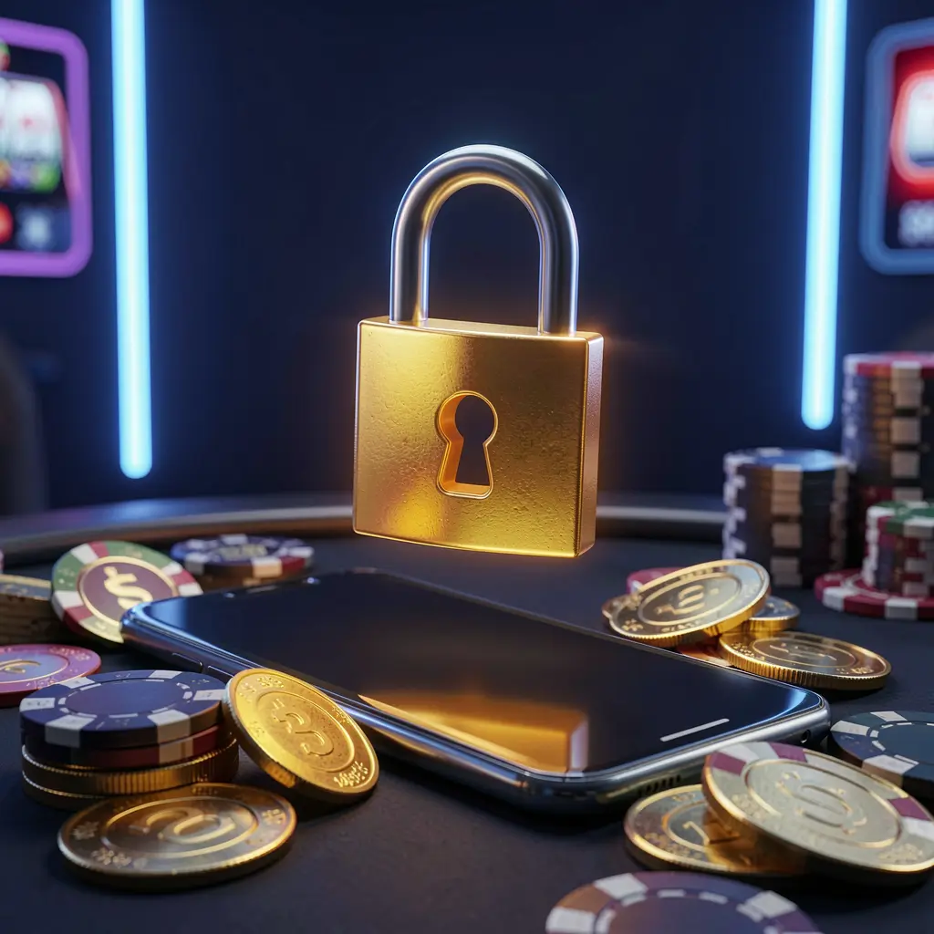 Gambar keamanan masuk kasino EMAS777 yang menampilkan gembok bercahaya melayang di atas ponsel pintar dengan koin emas dan chip tersebar di sekelilingnya pada latar belakang neon biru gelap