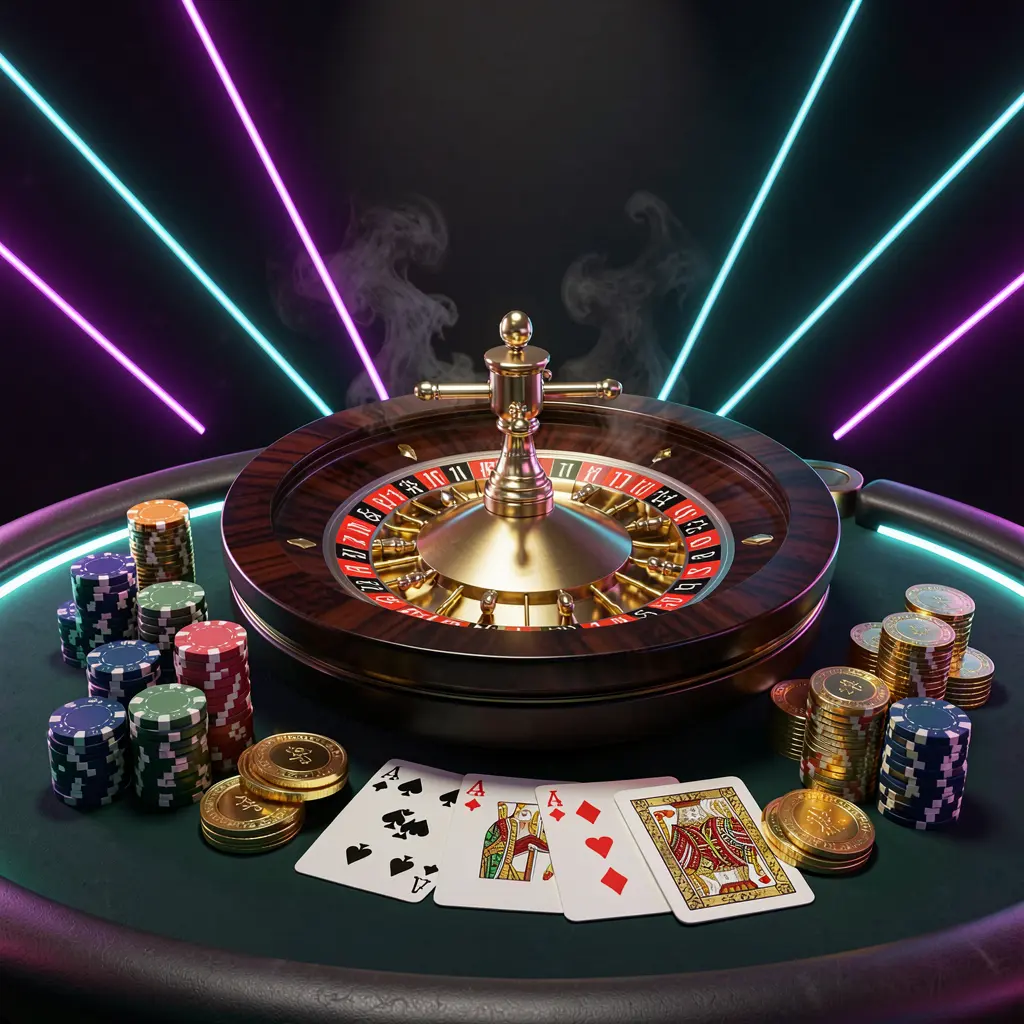 Banner utama beranda kasino online EMAS777 yang menampilkan meja kasino mewah dengan roda rolet, chip poker, kartu remi, dan koin emas pada latar belakang premium gelap dengan cahaya neon dalam render 3D sinematik